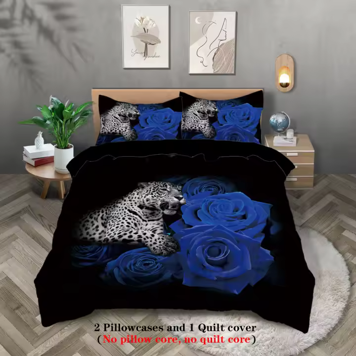 Conjunto de Ropa de Cama Moderna con Patrón de Leopardo Azul Rosa 3 Piezas sin Núcleo (1 Funda de 2 Fundas de Almohada) - 1
