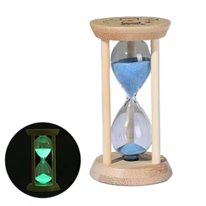 Reloj de arena fluorescente de bambú, temporizador de arena luminoso de vidrio transparente creativo, reloj de arena decorativo duradero de 1/10 minutos para dormitorio - 1
