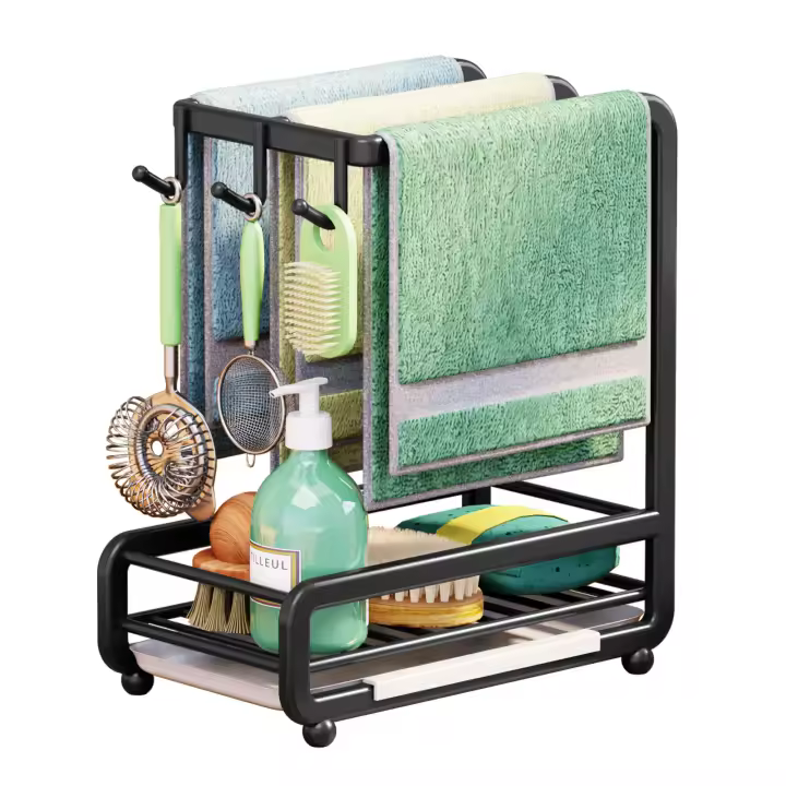 Organizador para fregadero de cocina, montaje en pared o encimera de acero al carbono con toallero, bandeja de goteo extraíble - 1