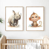 Póster de dibujos animados de animales de la selva, pintura en lienzo de elefante, León, hipopótamo, imágenes artísticas de pared para dormitorio de niños, decoración de habitación de bebé - details 4