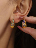Mujeres Hueco Azul Verde Turquesa Gota Pendientes Circón Color Bohemio Estilo Commuter Moda Mujeres Ronda Stud Pendientes - details 1