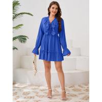 Vestido elegante de manga larga con cuello en V para mujer, vestido corto con volantes, color sólido, informal, nuevo en promoción - details 14