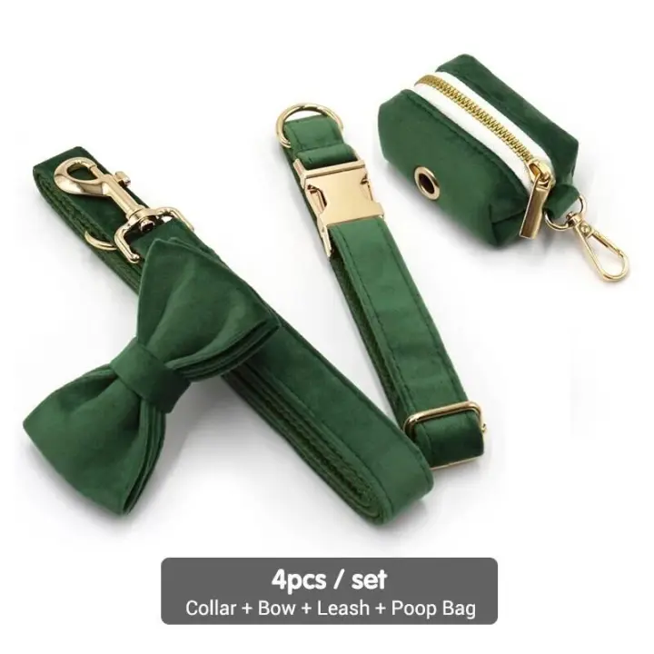 Terciopelo Verde Pavo real Grabado, Conjunto Correa de arnés Perros personalizado, Collar able sin escape para mascotas con - 1