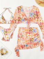 Bikini de 4 Piezas con Estampado Floral Top Halter con Escote en V Alto y Mangas Largas Camisa de Cubrir y Falda para Mujeres Moda - details 7