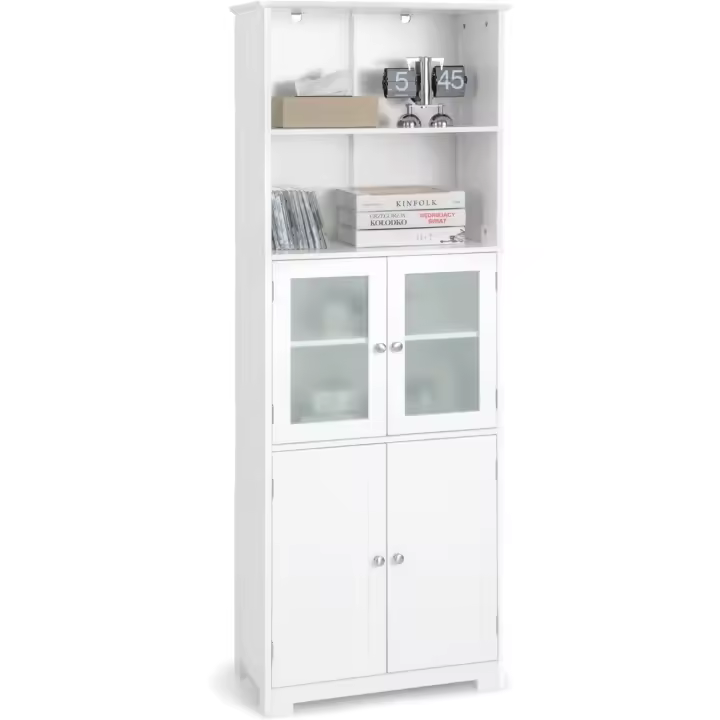 Armario Alto, Armario Independiente de Suelo con 4 Puertas, Gabinete con Estantes Ajustables, Mueble Organizador con 2 Puertas de Vidrio Templado para Baño, Cocina, Salón (Blanco) - 1