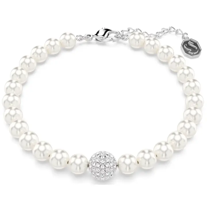 Swaroski Pulsera de plata de ley 925 con cuentas de piedra de circón, pulsera de perlas blancas de cristal transparente, regalo de joyería ajustable para mujer de 18 a 22 cm \ufeff - 1