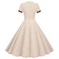 Solid women summer elegant short sleeve stand collar vintage a-line midi long party dress - details 36