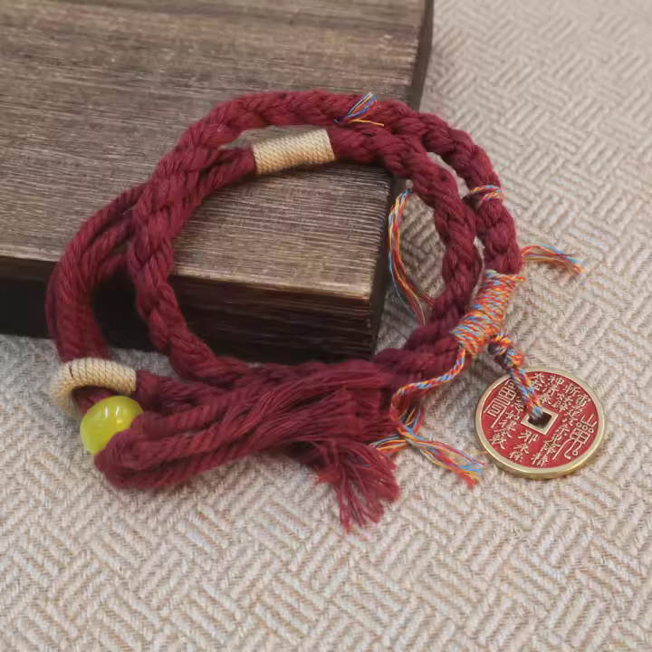 Brazalete chino de dinero de montaña cuerda de algodón frotado a mano cuerda de mano tibetana cinabrio cuerda de dinero de montaña cuerda tejida a mano tibetana - 1