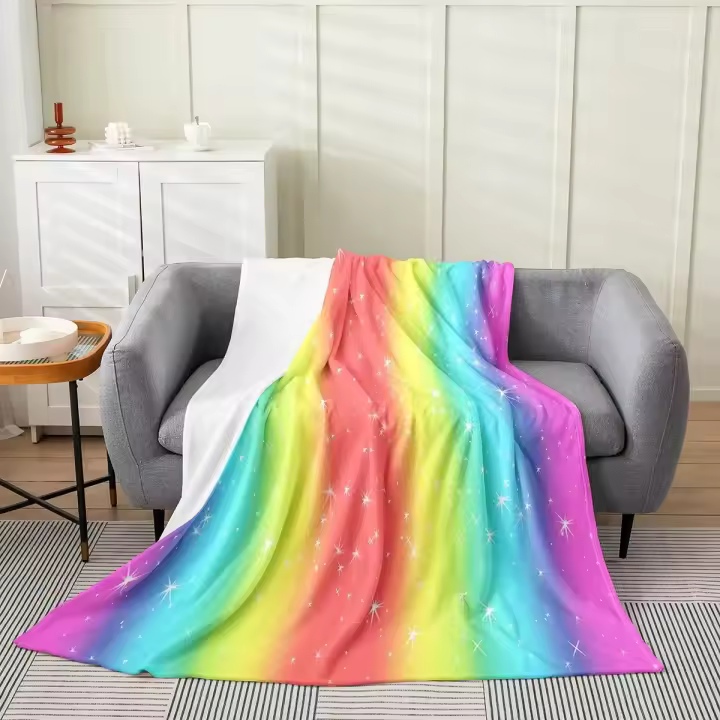 Manta de cama con purpurina (sin purpurina ni lentejuelas), diseño de arcoíris para todas las estaciones, manta de franela para niños y niñas, manta de felpa de microfibra con rayas coloridas, decoración de habitación Queen - 1