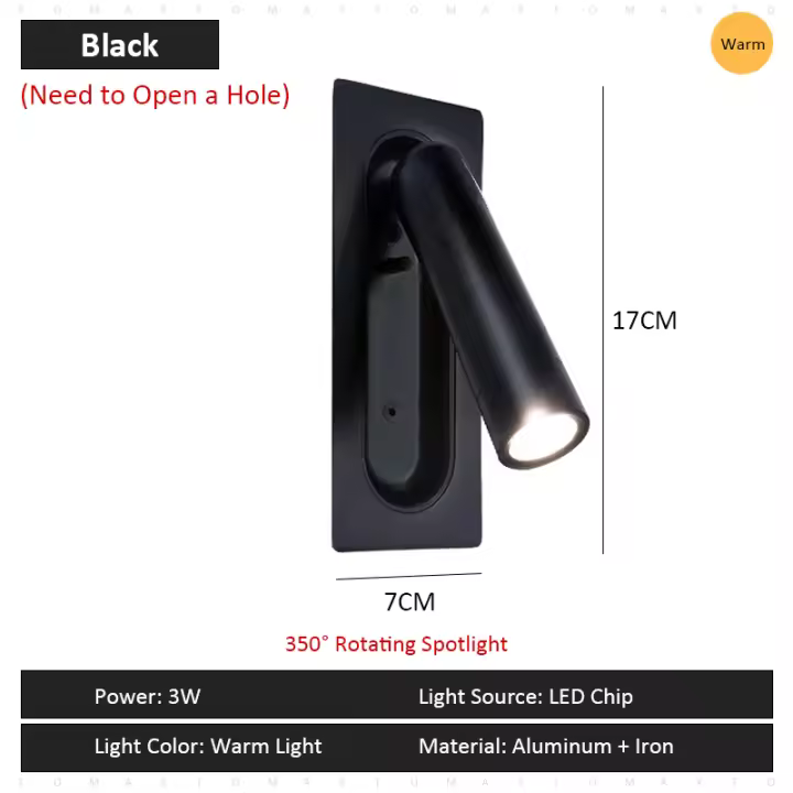 TOMAXIN-Lámpara LED de pared con interruptor integrado, accesorio para habitación de Hotel, estudio, dormitorio, cabecera, lectura, Europeo, Rectangular - 1