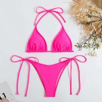Bikini de mujer marrón sexy, camisola roja lisa, lazo lateral de sujetador reforzado, traje de baño triangular, cordones de verano, 2025 - details 0