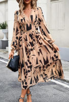 Vestido de manga larga con cuello en V estampado informal para vacaciones de otoño a la moda para mujer - details 18
