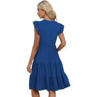 Vestido midi con cuello en V, manga de volantes de loto, empalme y bolsillo tipo péndulo para mujer 2025 - details 6