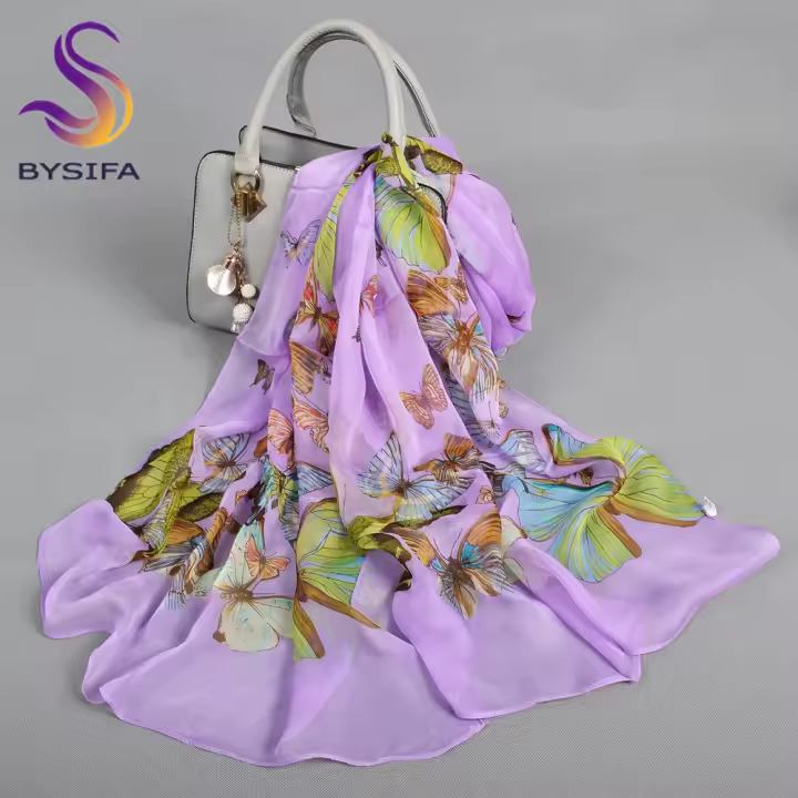BYSIFA Pañuelo de Seda de Morera 100% Diseño Elegante de Mariposa Ideal para Primavera/Verano - 1