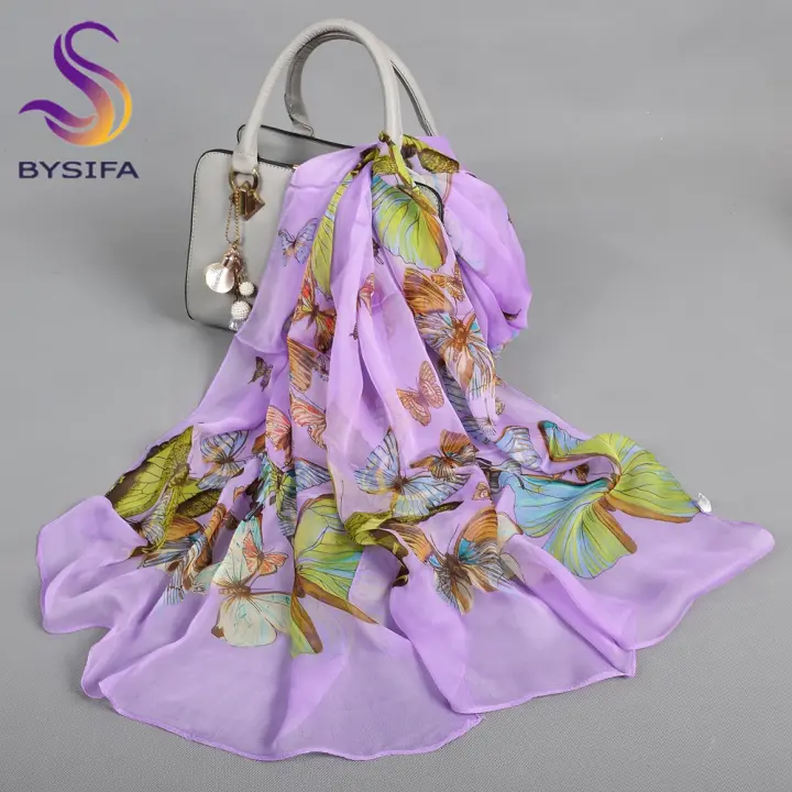 BYSIFA Pañuelo de Seda de Morera 100% Diseño Elegante de Mariposa Ideal para Primavera/Verano - 1