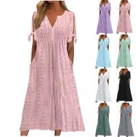 Elegante Vestido de Manga Corta con Cuello Redondo Color Sólido, Moda Casual con Bolsillos y Botones - details 30