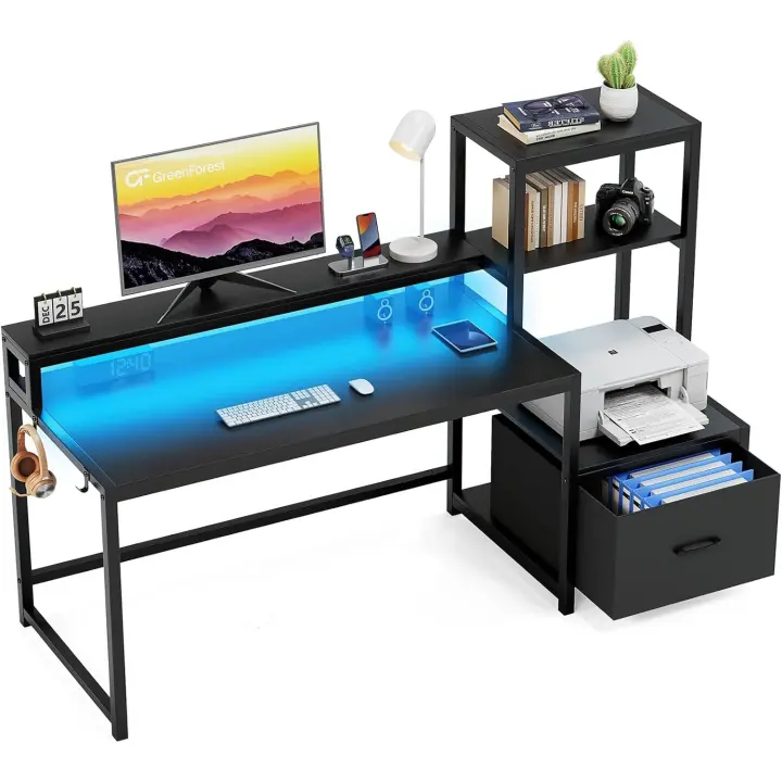 computadora cajones y estantes Impresora en doméstico Reversible 175 cm Luces ledestantes Aprender a Trabajar en JuegosNegro - 1
