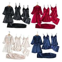 Conjunto de Dormir de Satén para Mujeres de 5 Piezas Bata de Casa ENCE, Monos de Noche, Chaleco, Pantalones - details 15