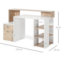 Mesa de Ordenador PC 137x55x92 cm Escritorio con Estantería de 3 Estantes 2 Cajones y Soporte para Impresora para Oficina Estudio Despacho Blanco y Roble - details 2