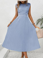 Vestido plisado de Color liso con tirantes y cuello redondo para mujer, Verano - details 4