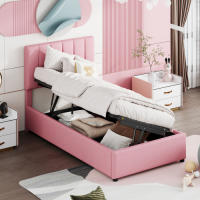 Cama tapizada 90x200 cm, cama con almacenaje hidráulico, litera de lino agradable para la piel, rosa (Sin colchón) - details 4