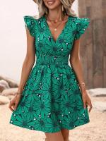 Chaleco elegante con estampado de flores, vestido acampanado para mujer, minifalda con cuello en V, vestidos elegantes para vacaciones - details 9