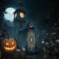 Capa gótica de Halloween - Diseño de mandala en azul profundo y dorado, disfraz con capucha para bruja, vampiro, medieval - Conjunto de fiesta de cosplay - Solo lavado a mano - details 4
