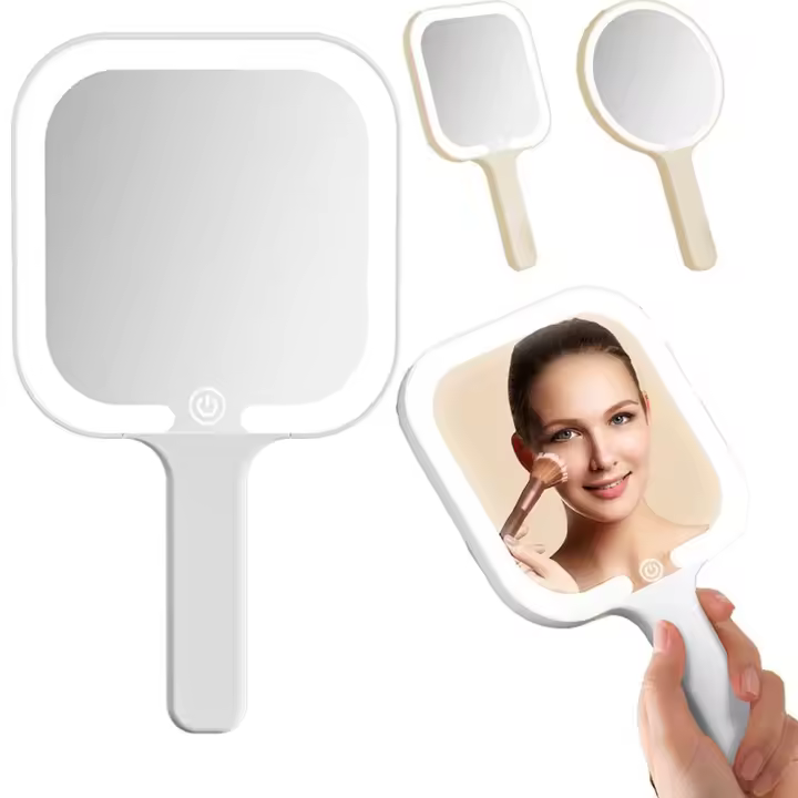 Luz de relleno Espejo de maquillaje LED Cuadrado/redondo Luces regulables de 3 colores Espejo de mano iluminado Brillo ajustable de mano - 1