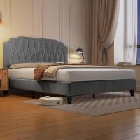 Marco de cama con cabecera tapizada, altura ajustable, soporte de láminas de madera y patas metálicas, color gris oscuro. - details 26