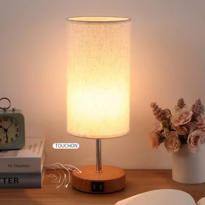 Lámpara de Mesita de Noche Táctil Regulable, Lámpara de Mesa con Puertos de Carga USB A + C, Pantalla de Tela de Lino - 1