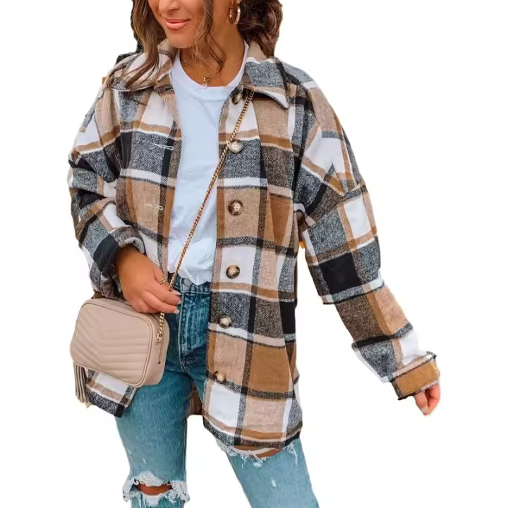 Chaqueta de franela a cuadros con bloques de otoño para mujer, camisa con botones, abrigo, tops - 1