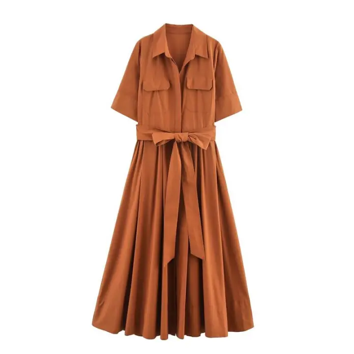 BUNO-vestido rojo romántico con cinturón para mujer, vestido largo con bolsillo y solapa, novedad de primavera y verano, vestido informal elegante para vacaciones 2025 - 1