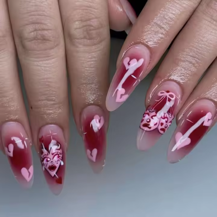 Estampado de Almendra Francesa Uñas Rojas Biodegradables con Adhesivo Diseño de Estrella Única - 1