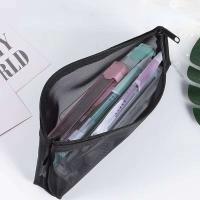 Gris negro maquillaje malla grande transparente bolsas para brochas cosméticas estudiantes Color sólido cremallera estuche de lápices de nailon - details 2