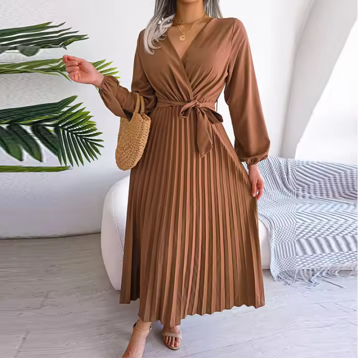 Ropa de mujer 2025 nueva moda de primavera con cordones color sólido cruzado cintura alta vestido plisado con cuello en V - 1