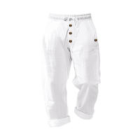Pantalones de pierna recta con botones y cordón sueltos de lino de color sólido informales para hombre de primavera y otoño - details 2