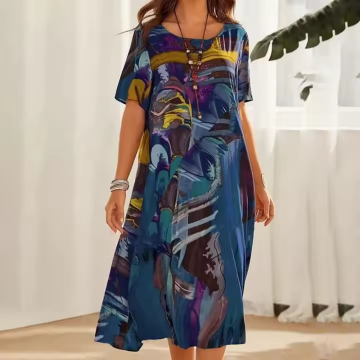 Vestido casual estampado de moda Vestido de playa suelto con cuello redondo y manga corta de verano - 1