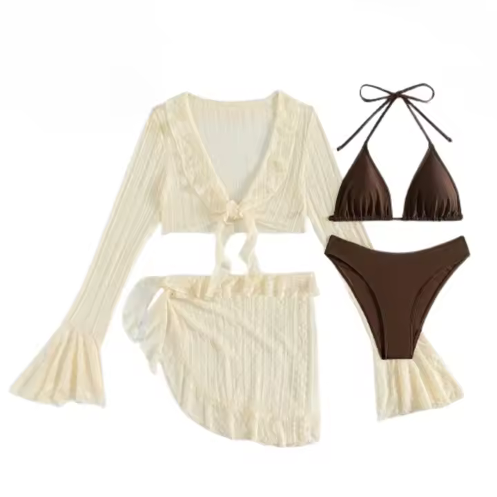 Conjunto de Bikini de 4 Piezas con Cuello Halter en Forma de V: Traje de Baño Elegante para Mujer con Triángulo de Corte Alto y Camisa de Manga Larga Accesorio de Moda - 1