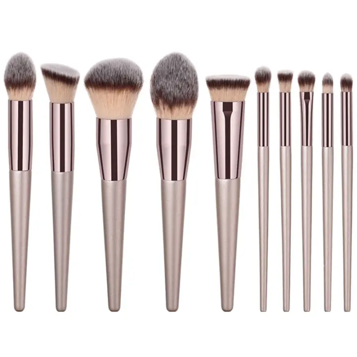 10 brochas de maquillaje, herramientas de belleza, brochas de base dorada champán, brochas para sombra de ojos - 1