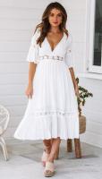 BUNO-Vestido elegante de lujo para mujer, moda blanca con escote en V profundo, encaje empalmado, vestido cómodo y fresco de verano, trajes de fiesta de boda - details 3