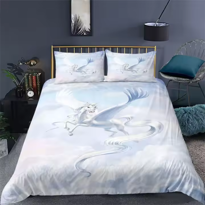 Funda de Almohada 3D de Dragón Blanco Conjunto de Cama de Unicornio Caballo Material de Poliéster - 1