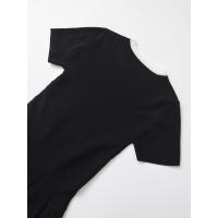 Vestido negro elegante de manga corta con cuello redondo y contraste de punto con dobladillo plisado ancho y alto para mujer - details 10