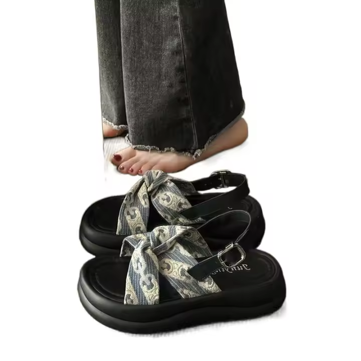 Sandalias romanas negras de suela gruesa que aumentan la altura para mujeres, uso en verano al aire libre con vestido2024Nuevas Sandalias de Playa Estilo - 1