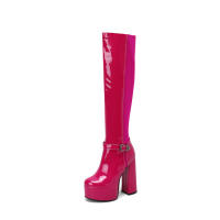 Botas Altas hasta la Rodilla con Estilo Patchwork de Cuero de Laca Tacón Grueso, Side Ziper, Punta Redonda, Mujer Otoño-Invierno 2025 - details 6
