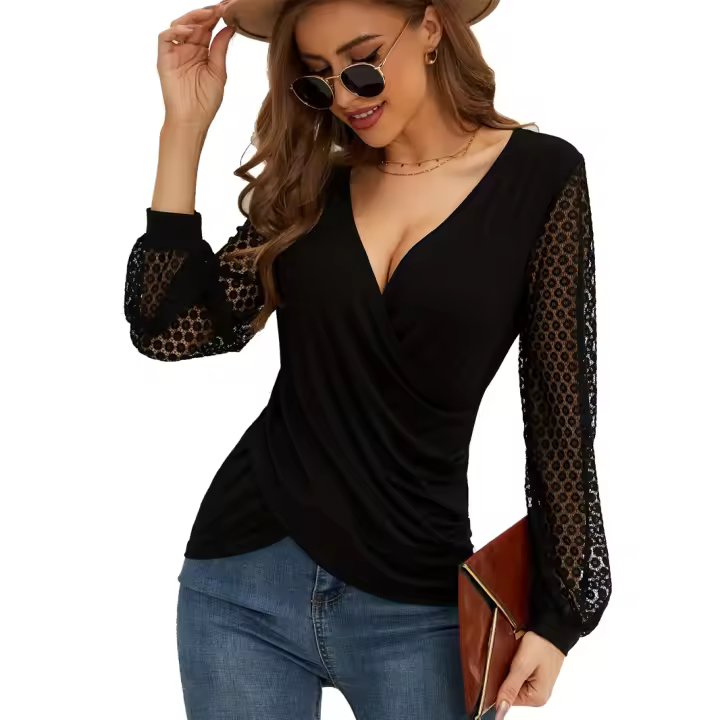 Nueva camiseta de encaje de retazos de estilo francés para mujer, camiseta cruzada suelta de manga linterna - 1