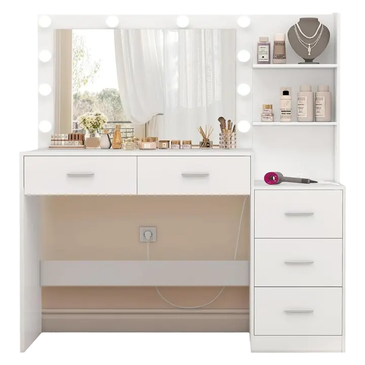 Tocador de Maquillaje Grande con Espejo y Luces LED Mesa de Maquillaje con 5 Cajones, 2 Estantes Abiertos, Mesa de Tocador con Carga - 1