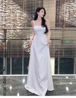 Vestido de noche blanco, vestido de tirantes francés, vestido largo sexi con cuello en V y espalda abierta, falda para la playa elegante y delgada - details 0