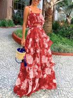 Conjunto de dos piezas con estampado, chaleco corto, falda en capas, falda larga de verano para mujer, diseño de alta gama. - details 0