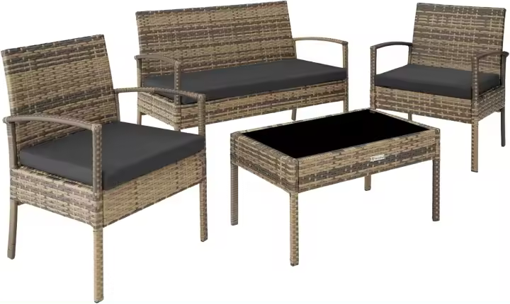 Conjunto de Jardín Exterior de Ratán y Aluminio, Muebles de Jardín Exterior Resistentes a la Intemperie, 2 Sillones, 1 Sofá, 1 Mesa de Cristal, con Cojines de 5,5 cm y 2 Juegos de Fundas - Gris - 1