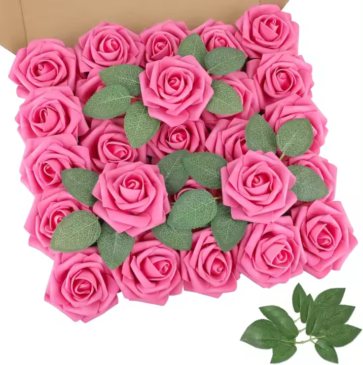 Rosas Artificiales Rojas Oscuras 25 Piezas con Tallos para Ramos de Boda DIY y Decoraciones de Fiesta de Bebé - 1